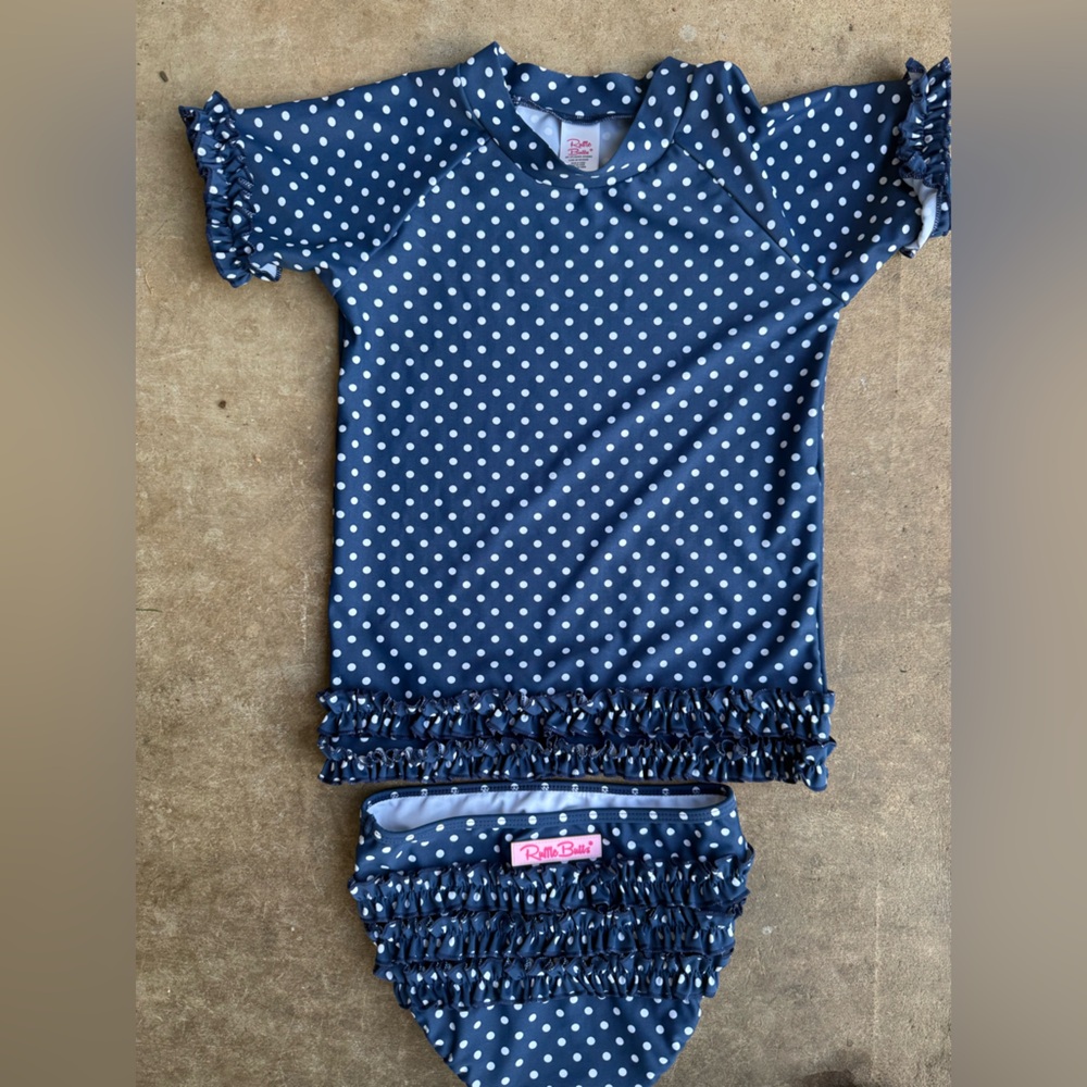 LIKE NEW Ruffle Butts Navy and White Polka Dot Swim Top